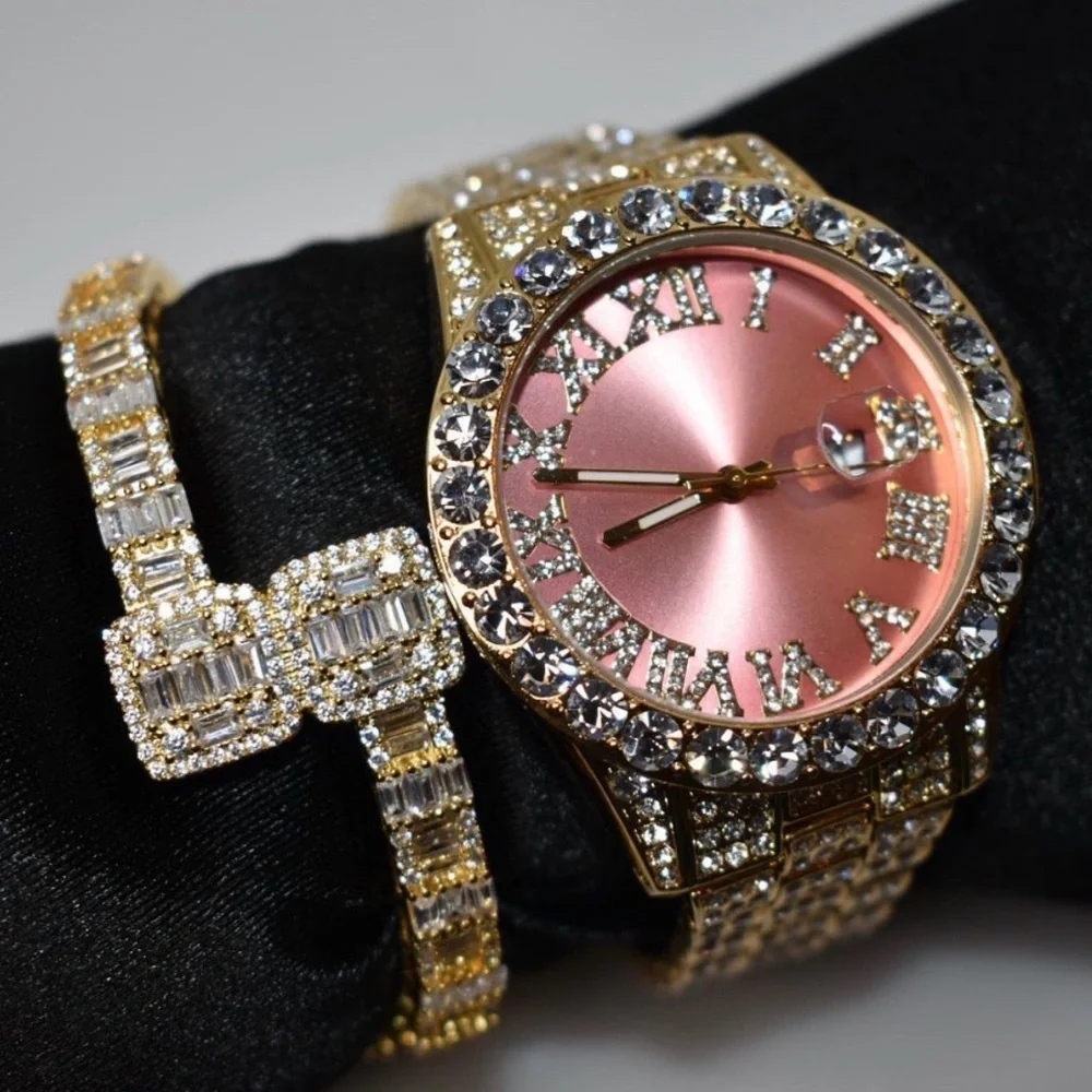 Gold and Pink Women's Watch and Bracelet Set size 7